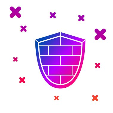 Beyaz arka planda siber güvenlik duvarı simgesi olan renk kalkanı. Veri koruma sembolü. Güvenlik duvarı logosu. Ağ koruması. Kademeli rastgele dinamik şekiller. Vektör İllüstrasyonu