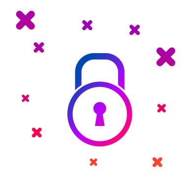 Beyaz arka planda yalıtılmış renk kilidi simgesi. Asma kilit işareti. Güvenlik, emniyet, koruma, gizlilik konsepti. Degrade rasgele dinamik şekiller. Vektör Illustration