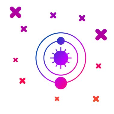 Beyaz arkaplanda izole edilmiş renkli güneş sistemi simgesi. Gezegenler yıldızın etrafında dönerler. Kademeli rastgele dinamik şekiller. Vektör İllüstrasyonu