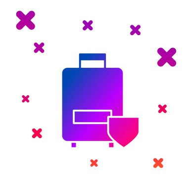 Renkli seyahat valiz simgesi beyaz arkaplanda izole edildi. Seyahat bagaj sigortası. Güvenlik, güvenlik, koruma, konsept koruma. Kademeli rastgele dinamik şekiller. Vektör İllüstrasyonu