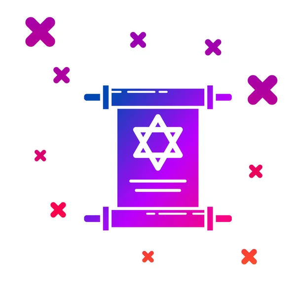 Color Torah scroll icon isolated on white background. Jewish Torah in expanded form. Star of David symbol. Old parchment scroll. Gradient random dynamic shapes. Vector Illustration — Stock Vector