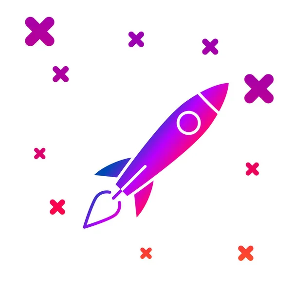 Корабель Color Rocket з іконою вогню ізольованою на білому тлі. Космічні подорожі. Градієнтні випадкові динамічні форми. Векторний приклад — стоковий вектор