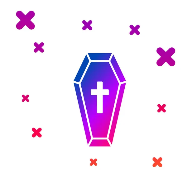 Kleur Coffin met christelijke kruis pictogram geïsoleerd op witte achtergrond. Gelukkig Halloween feest. Gradiënt willekeurige dynamische vormen. Vector Illustratie — Stockvector