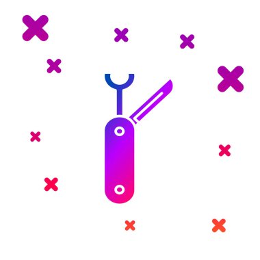 Beyaz arka planda izole edilmiş renkli İsviçre ordu bıçağı ikonu. Çoklu alet, çok amaçlı çakı. Çok fonksiyonlu bir alet. Kademeli rastgele dinamik şekiller. Vektör İllüstrasyonu