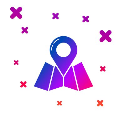 Beyaz arkaplanda konum imleci simgesi izole edilmiş renkli harita. Kademeli rastgele dinamik şekiller. Vektör İllüstrasyonu