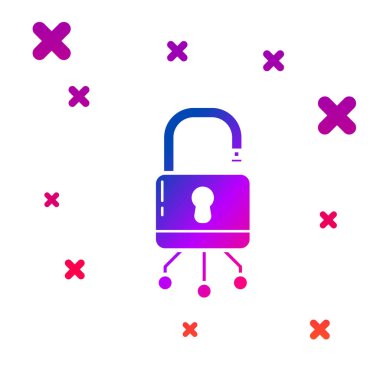 Beyaz arkaplanda renkli siber güvenlik simgesi izole edildi. Dijital devre kartında kapalı asma kilit. Güvenlik kavramı. Dijital veri koruması. Kademeli rastgele dinamik şekiller. Vektör İllüstrasyonu