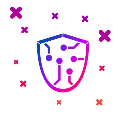 Beyaz arkaplanda renkli siber güvenlik simgesi izole edildi. Kalkan işareti. Güvenlik kavramı. Dijital veri koruması. Kademeli rastgele dinamik şekiller. Vektör İllüstrasyonu