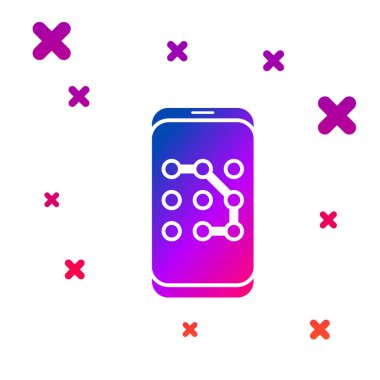 Renkli cep telefonu ve beyaz arkaplanda izole edilmiş grafik şifre koruma simgesi. Güvenlik, güvenlik, kişisel erişim, kullanıcı yetkisi. Kademeli rastgele dinamik şekiller. Vektör İllüstrasyonu