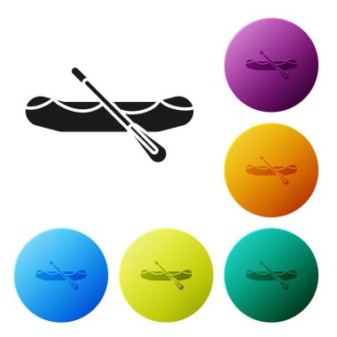 Siyah Rafting tekne simgesi beyaz arka planda izole edildi. Kürekleri olan şişme bir tekne. Su sporları, ekstrem sporlar, tatil, tatil. Renkli daire düğmelerini ayarlayın. Vektör İllüstrasyonu