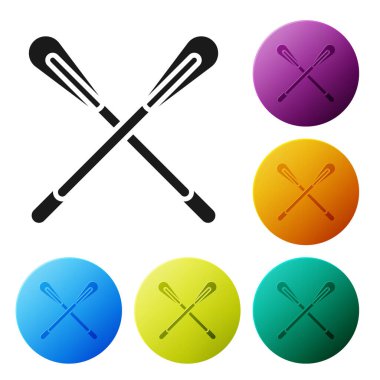 Siyah çapraz kürek simgesi beyaz arkaplanda izole edildi. Kürek çekin. Renkli daire düğmelerini ayarlayın. Vektör İllüstrasyonu