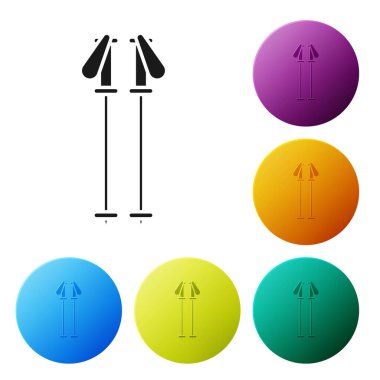 Siyah kayak direkleri simgesi beyaz arkaplanda izole edildi. Olağanüstü bir spor. Kayak ekipmanları. Kış sporları ikonu. Renkli daire düğmelerini ayarlayın. Vektör İllüstrasyonu