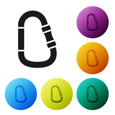 Siyah Karabina simgesi beyaz arkaplanda izole edildi. Olağanüstü bir spor. Spor malzemeleri. Renkli daire düğmelerini ayarlayın. Vektör İllüstrasyonu