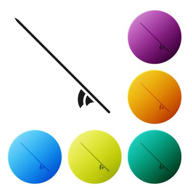 Beyaz arkaplanda siyah sörf tahtası simgesi izole edildi. Sörf tahtası. Olağanüstü bir spor. Spor malzemeleri. Renkli daire düğmelerini ayarlayın. Vektör İllüstrasyonu