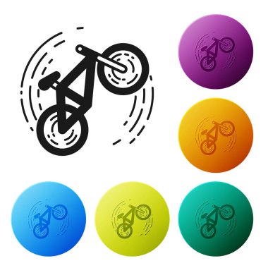 Siyah bisiklet numarası simgesi beyaz arkaplanda izole edildi. Bisiklet yarışı. Olağanüstü bir spor. Spor malzemeleri. Renkli daire düğmelerini ayarlayın. Vektör İllüstrasyonu