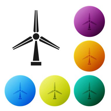 Siyah Rüzgar türbini simgesi beyaz arkaplanda izole edildi. Rüzgar jeneratörü işareti. Yel değirmeni silueti. Elektrik üretimi için yel değirmeni. Renkli daire düğmelerini ayarlayın. Vektör İllüstrasyonu