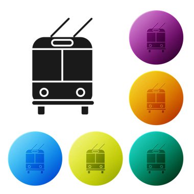Siyah Trolleybus simgesi beyaz arkaplanda izole edildi. Toplu taşıma sembolü. Renkli daire düğmelerini ayarlayın. Vektör İllüstrasyonu