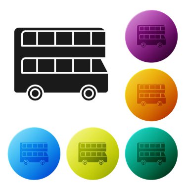 Siyah çift katlı otobüs simgesi beyaz arkaplanda izole edildi. Londra klasik yolcu otobüsü. Toplu taşıma sembolü. Renkli daire düğmelerini ayarlayın. Vektör İllüstrasyonu
