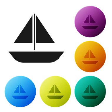 Siyah Yat yelkenlisi ya da yelkenli ikonu beyaz arka planda izole edilmiş. Yelkenli deniz seyahati. Renkli daire düğmelerini ayarlayın. Vektör İllüstrasyonu