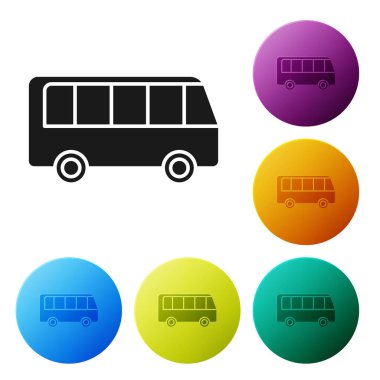 Siyah Otobüs simgesi beyaz arkaplanda izole edildi. Ulaşım konsepti. Otobüs turu tabelası. Turizm ya da kamu aracı sembolü. Renkli daire düğmelerini ayarlayın. Vektör İllüstrasyonu