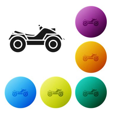Siyah tüm arazi araçları ya da beyaz arka planda izole edilmiş Atv motosiklet ikonu. Dörtlü bisiklet. Olağanüstü bir spor. Renkli daire düğmelerini ayarlayın. Vektör İllüstrasyonu