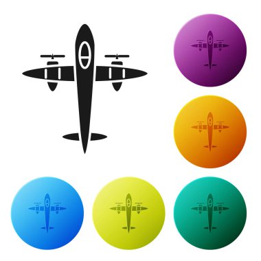 Siyah eski model uçak simgesi beyaz arka planda izole edildi. Uçan uçak ikonu. Uçak tabelası. Renkli daire düğmelerini ayarlayın. Vektör İllüstrasyonu