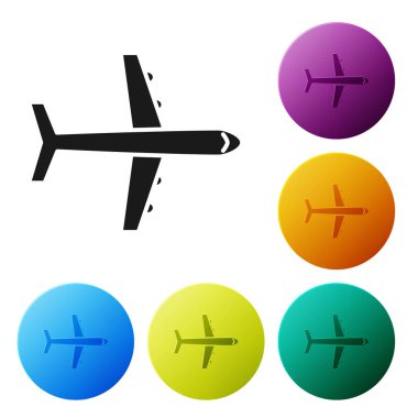 Siyah düzlem simgesi beyaz arka planda yalıtılmış. Uçan uçak simgesi. Airliner işareti. Simgeler renkli daire düğmelerini ayarlayın. Vektör Illustration
