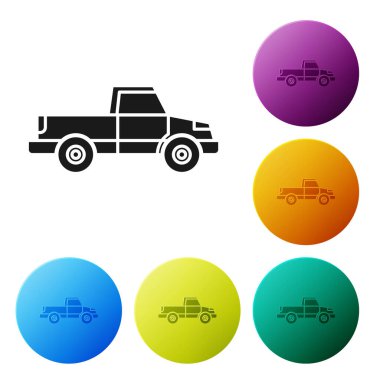 Siyah kamyonet ikonu beyaz arka planda izole edildi. Renkli daire düğmelerini ayarlayın. Vektör İllüstrasyonu
