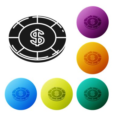 Beyaz arka planda dolar sembolü olan siyah kumarhane çipi. Kumarhane kumarı. Renkli daire düğmelerini ayarlayın. Vektör İllüstrasyonu