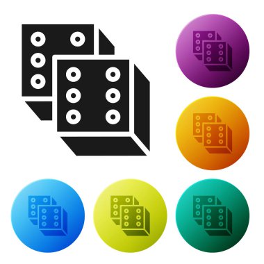 Siyah Oyun zar simgesi beyaz arkaplanda izole edildi. Kumarhane kumarı. Renkli daire düğmelerini ayarlayın. Vektör İllüstrasyonu