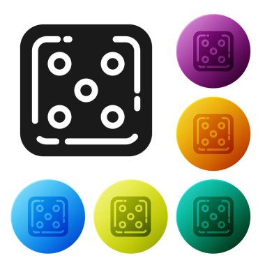 Siyah Oyun zar simgesi beyaz arkaplanda izole edildi. Kumarhane kumarı. Renkli daire düğmelerini ayarlayın. Vektör İllüstrasyonu