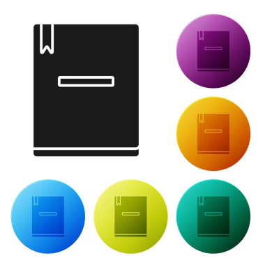 Siyah Not Defteri simgesi beyaz arkaplanda izole edildi. Spiral not defteri simgesi. Okul defteri. Yazı tahtası. Okul günlüğü. Renkli daire düğmelerini ayarlayın. Vektör İllüstrasyonu