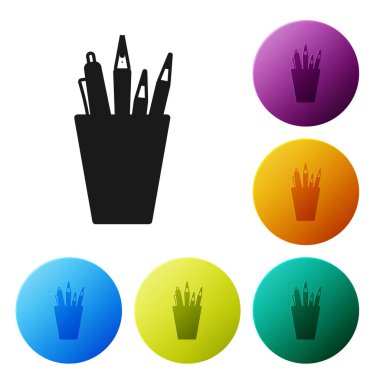Beyaz arka planda izole siyah kalem Case Kırtasiye simgesi. Kalem, kalem, cetvel, ofis için bir bardakta. Simgeler renkli daire düğmelerini ayarlayın. Vektör Illustration
