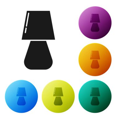 Beyaz arkaplanda siyah masa lambası simgesi izole edildi. Renkli daire düğmelerini ayarlayın. Vektör İllüstrasyonu