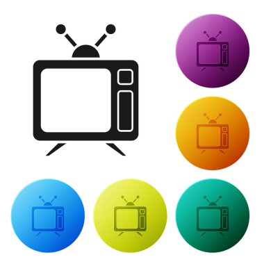 Beyaz arkaplanda siyah televizyon simgesi izole edildi. Televizyon tabelası. Renkli daire düğmelerini ayarlayın. Vektör İllüstrasyonu