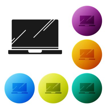 Siyah Laptop simgesi beyaz arka planda izole. Boş ekran tabelası olan bilgisayar Defter. Simgeler renkli daire düğmelerini ayarlayın. Vektör Illustration