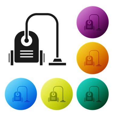 Siyah elektrikli süpürge ikonu beyaz arkaplanda izole edildi. Renkli daire düğmelerini ayarlayın. Vektör İllüstrasyonu