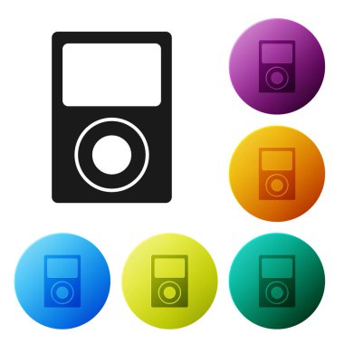 Siyah Müzik Çalar simgesi beyaz arkaplanda izole edildi. Taşınabilir müzik cihazı. Renkli daire düğmelerini ayarlayın. Vektör İllüstrasyonu