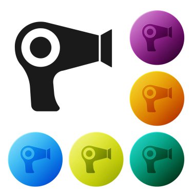 Siyah Saç kurutucu simgesi beyaz arka plan üzerinde izole. Saç kurutma makinesi işareti. Saç kurutma sembolü. Sıcak hava üflüyor. Simgeleri renkli daire düğmeleri ayarlayın. Vektör İllüstrasyonu