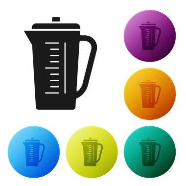 Beyaz zemin üzerinde izole edilmiş kuru ve sıvı yiyecek ikonunu ölçmek için siyah ölçü kabı. Plastik şişenin sapı var. Renkli daire düğmelerini ayarlayın. Vektör İllüstrasyonu