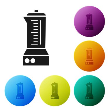 Siyah karıştırıcı simgesi beyaz arkaplanda izole edildi. Mutfak elektrikli kırıcı ve kase. Meyve suyu, kokteyl ya da meyve suyu. Renkli daire düğmelerini ayarlayın. Vektör İllüstrasyonu