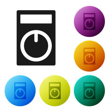 Siyah Akıllı ev simgesi beyaz arka planda yalıtılmış. Uzaktan kumanda. Simgeleri renkli daire düğmeleri ayarlayın. Vektör İllüstrasyonu