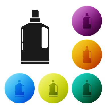 Sıvı çamaşır deterjanı, çamaşır suyu, bulaşık deterjanı ya da beyaz arka planda izole edilmiş başka bir temizlik maddesi ikonu için siyah plastik şişe. Renkli daire düğmelerini ayarlayın. Vektör İllüstrasyonu