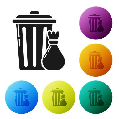 Siyah çöp tenekesi ve çöp torbası simgesi beyaz arkaplanda izole edilmiş. Çöp kutusu tabelası. Sepet simgesini geri dönüştür. Ofis çöpü ikonu. Renkli daire düğmelerini ayarlayın. Vektör İllüstrasyonu