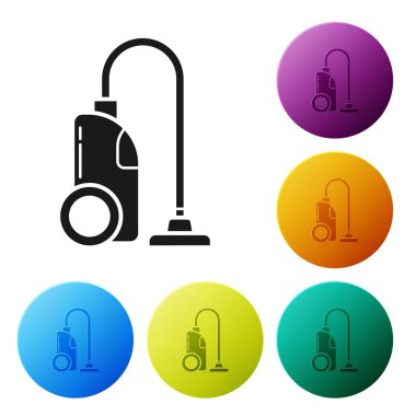 Siyah elektrikli süpürge ikonu beyaz arkaplanda izole edildi. Renkli daire düğmelerini ayarlayın. Vektör İllüstrasyonu