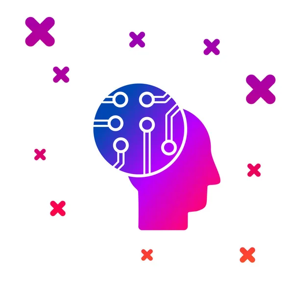Color Human brain as digital circuit board icon isolated on white background. Human head outline with circuit lines inside. Gradient random dynamic shapes. Vector Illustration — Stock Vector
