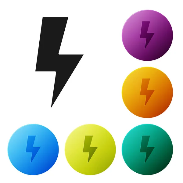 Black Lightning bolt icon isolated on white background. Flash sign. Charge flash icon. Thunder bolt. Lighting strike. Set icons colorful circle buttons. Vector Illustration — Stock Vector