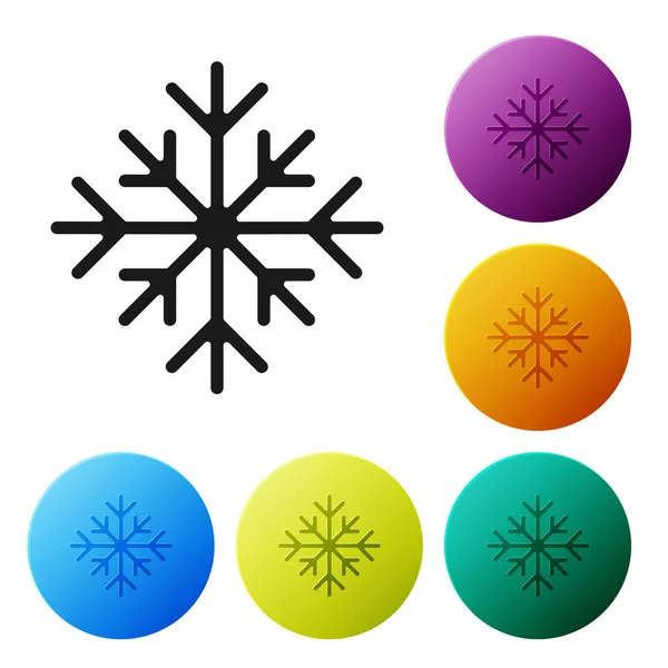 Czarna ikona płatka śniegu odizolowana na białym tle. Zestaw ikon kolorowe przyciski koła. Ilustracja wektora — Wektor stockowy