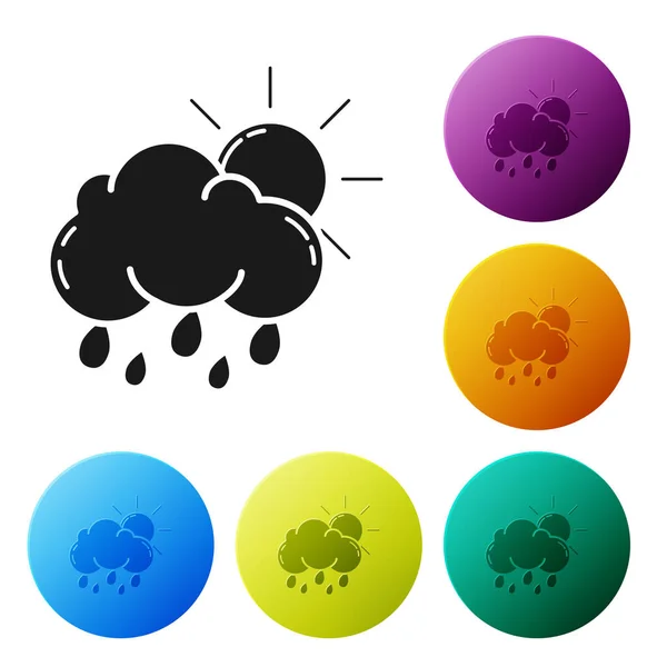 Schwarze Wolke mit Regen- und Sonnensymbol auf weißem Hintergrund. Regenwolken Niederschlag mit Regentropfen. setzen Symbole bunte Kreis-Tasten. Vektorillustration — Stockvektor