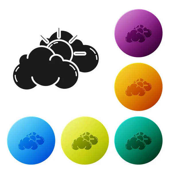 Schwarze Sonne und Wolkenwetter-Ikone isoliert auf weißem Hintergrund. setzen Symbole bunte Kreis-Tasten. Vektorillustration — Stockvektor