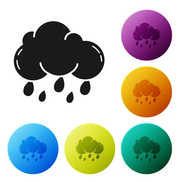 Schwarze Wolke mit Regensymbol auf weißem Hintergrund. Regenwolken Niederschlag mit Regentropfen. setzen Symbole bunte Kreis-Tasten. Vektorillustration — Stockvektor